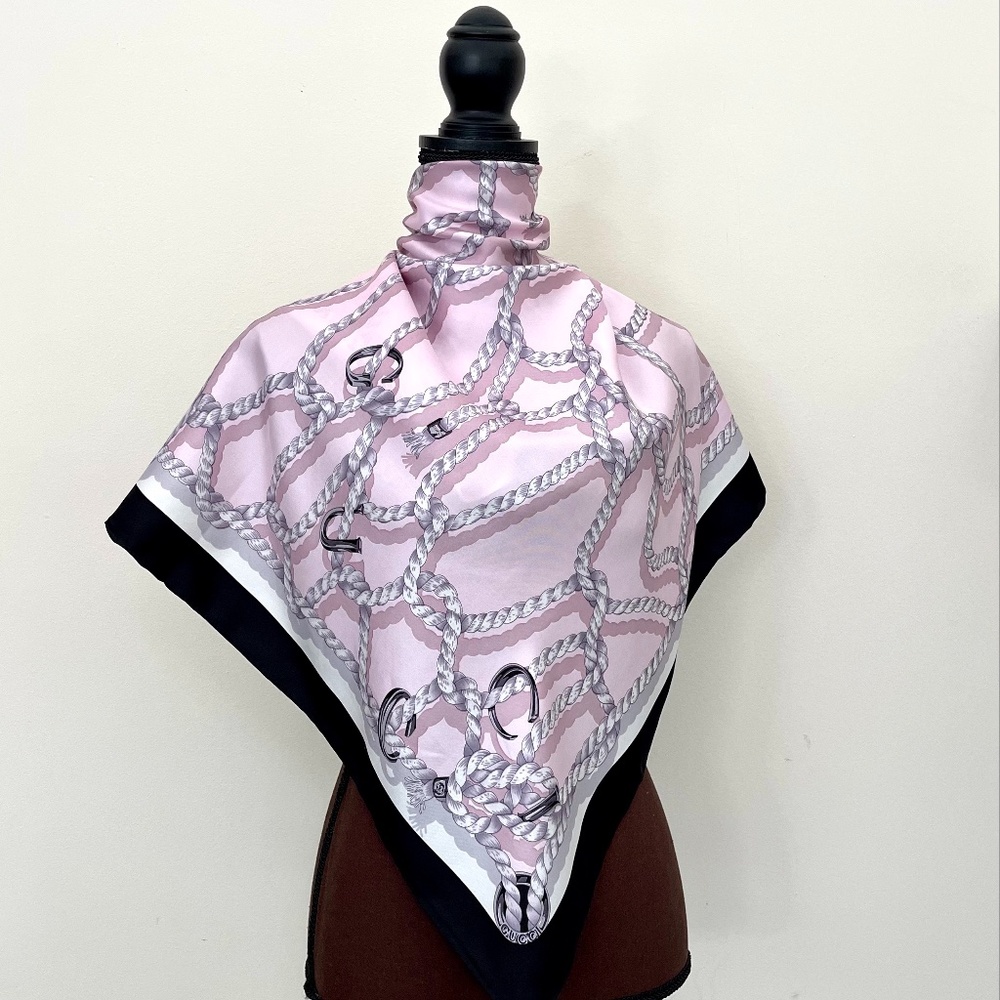 New Gucci Silk Scarf Pink Ropes Print Black Border Silk Wrap Scarf